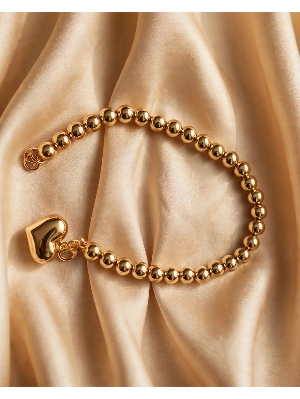 Gold Bead Bracelet with Puffy Heart Charm – 7.5 Inch, Lobster Clasp